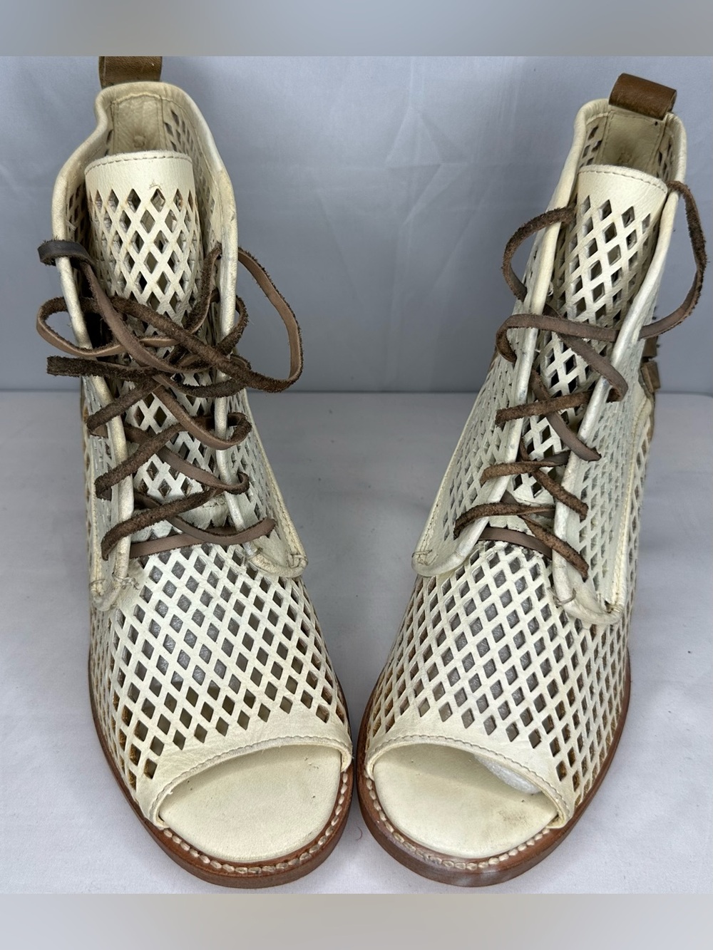 Freebird by Steven Cream Open-Toe Lace-Up Mesh Ankle Boots